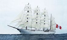 Cruising sailing super-yacht with open transomsteelwith bowsprit