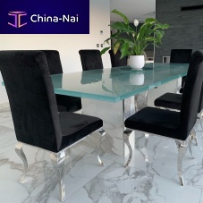 Contemporary dining table glasswooden basemarble base