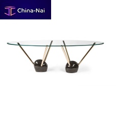 Contemporary table RAYStempered glasschromed metal basemarble base