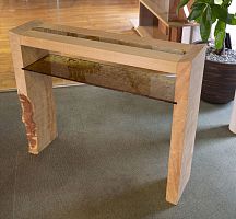 Contemporary console table tempered glassoakchestnut