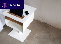 Contemporary bedside table NOMADwoodensquarewith integrated electrical outlet
