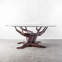 Original design dining table MOLAVEsolid woodglasssteel