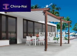Wall-mounted pergola ONDALEVELwoodenPVC fabric sliding canopycommercial