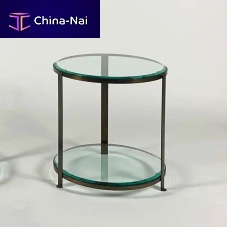 Contemporary side table DERBY glassmetal baseleather base