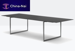 Contemporary table toa tablewoodencast aluminum baserectangular