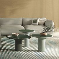 Contemporary side table ECHOleatherlacquered glassfabric