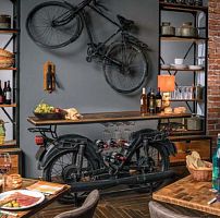 Original design sideboard table MOTORDOUBLE solid woodlacquered metal baserecycled materials base