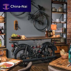 Original design sideboard table MOTORDOUBLE solid woodlacquered metal baserecycled materials base