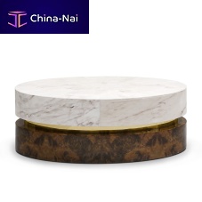 Contemporary coffee table INFINITY polished brassmarblewood veneer base
