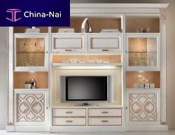 Traditional TV wall unit F 04lacquered woodglasswith built-in light