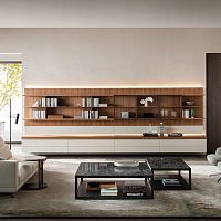 Contemporary living room wall unit GRIDwoodenwith storage compartmentilluminated