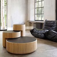 Contemporary nesting tables LEVELSglassoak basesolid wood base
