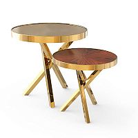 Contemporary side table WHEEL SETwood veneerpolished brassround