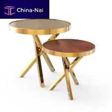 Contemporary side table WHEEL SETwood veneerpolished brassround