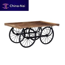 Vintage sideboard table BIG WHEELwoodenmetal baserectangular