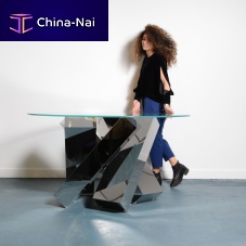 Contemporary table Megalithglasspolished stainless steel basepowder-coated steel base
