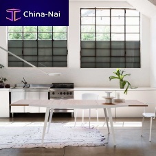 Contemporary table FOURMORE oakwood veneerlacquered metal steel base