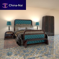 Double bed MARRAKECH MEDINAArt Decowith upholstered headboardstained wood
