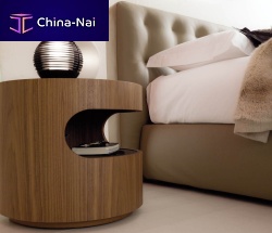Contemporary bedside table MOONwalnutleatherround