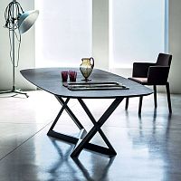 Contemporary table BRIDGEToakglasssolid wood base