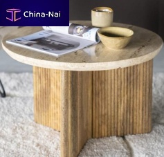 Contemporary coffee table SARAtravertinewooden baseround