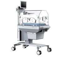 Neonatal incubator on casters height-adjustablewith monitorwith 4 operating windows