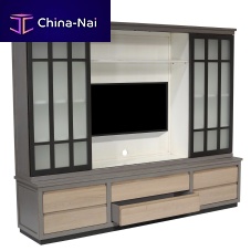 Traditional TV wall unit SYMBIOSEwoodenglasswith shelves